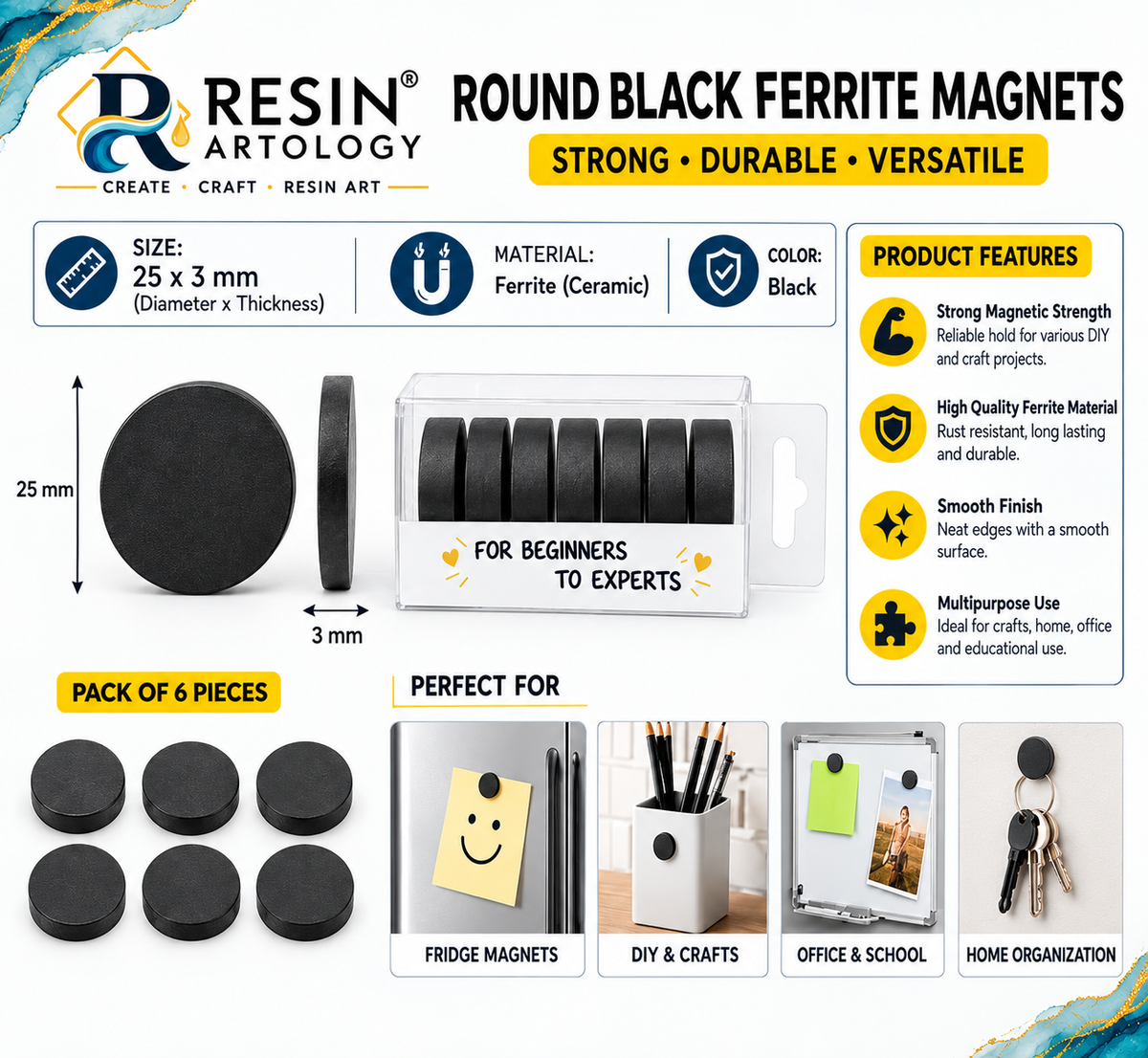 25 × 3 mm Round Black Ferrite Magnets – Pack of 9
