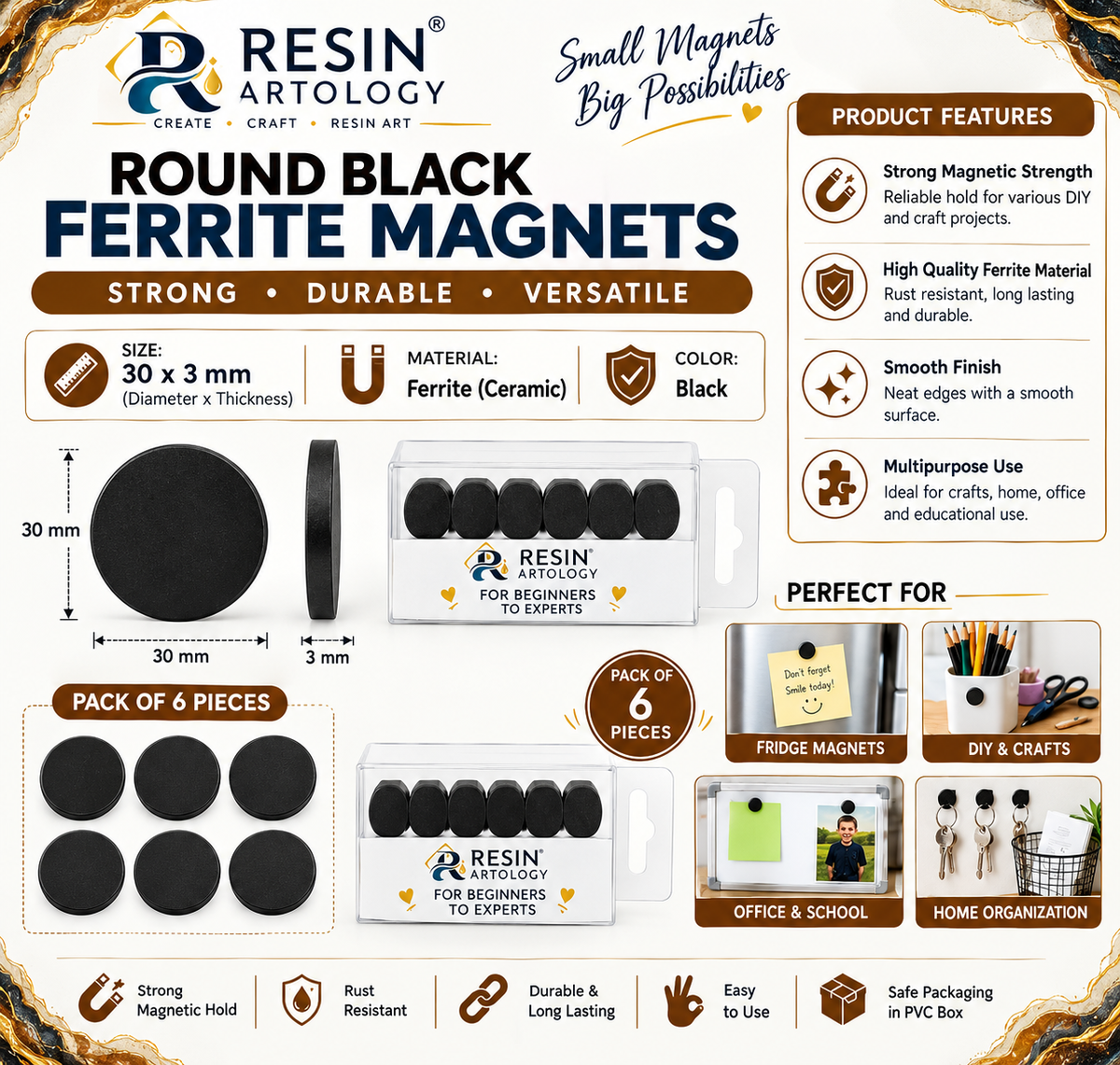 30× 3 mm Round Black Ferrite Magnets – Pack of 6