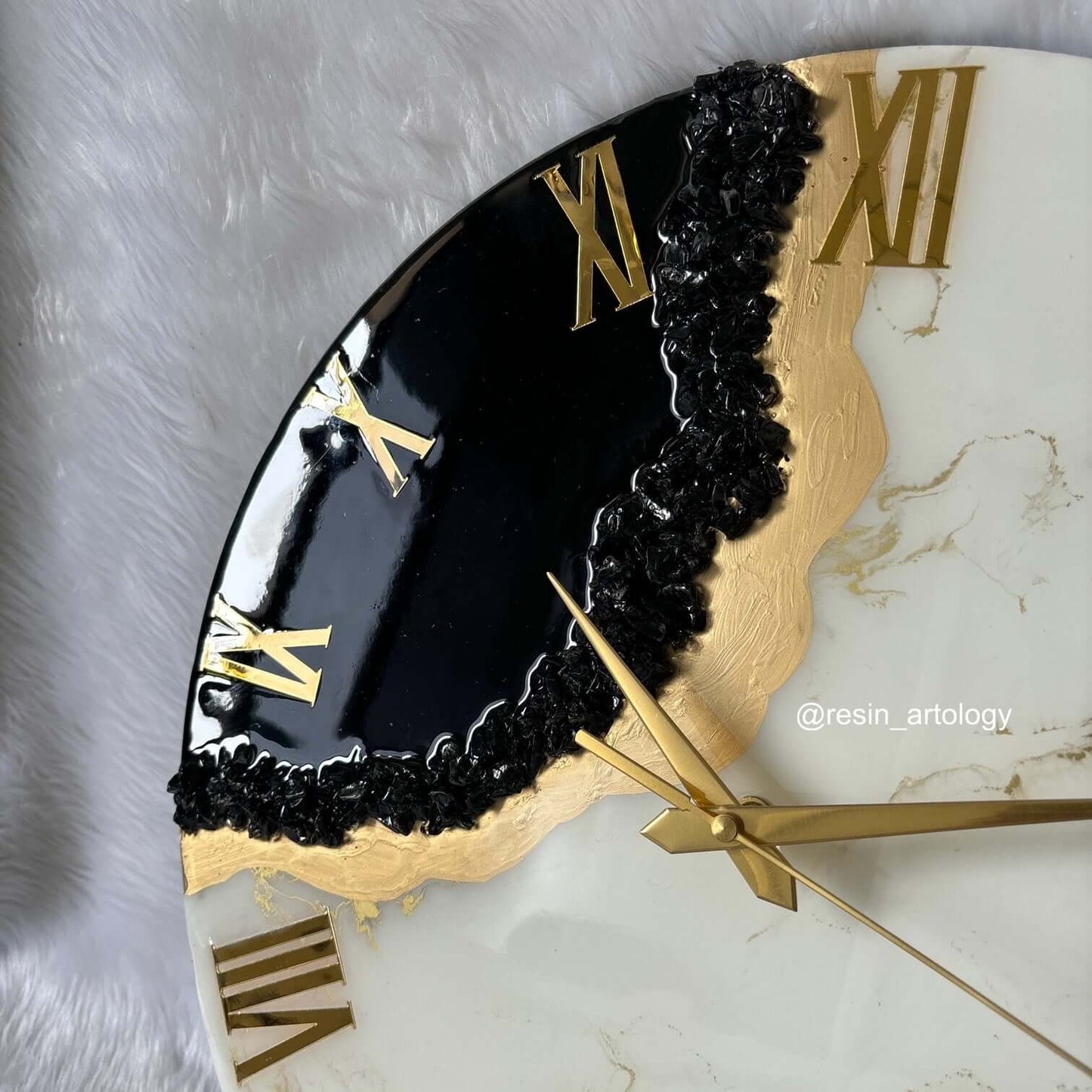 Epoxy Resin Wall Clock | Unique home decor | Housewarming gift - Black White and Golden Clock