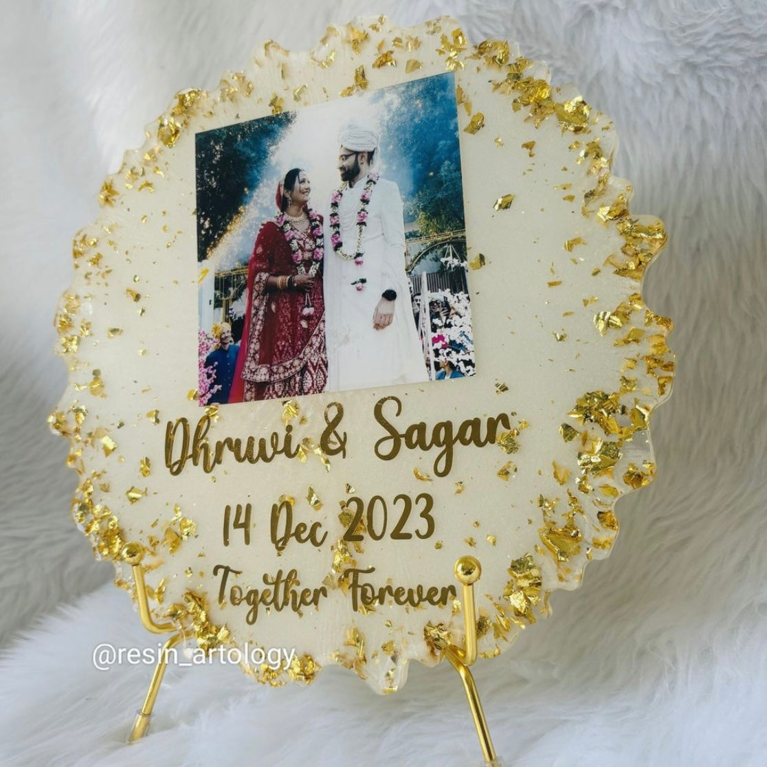 Resin Photo Frame for Home Decor Personalized Gift - Customized with Your Photos and Text - Size 8 Inches - Metal Stand Included