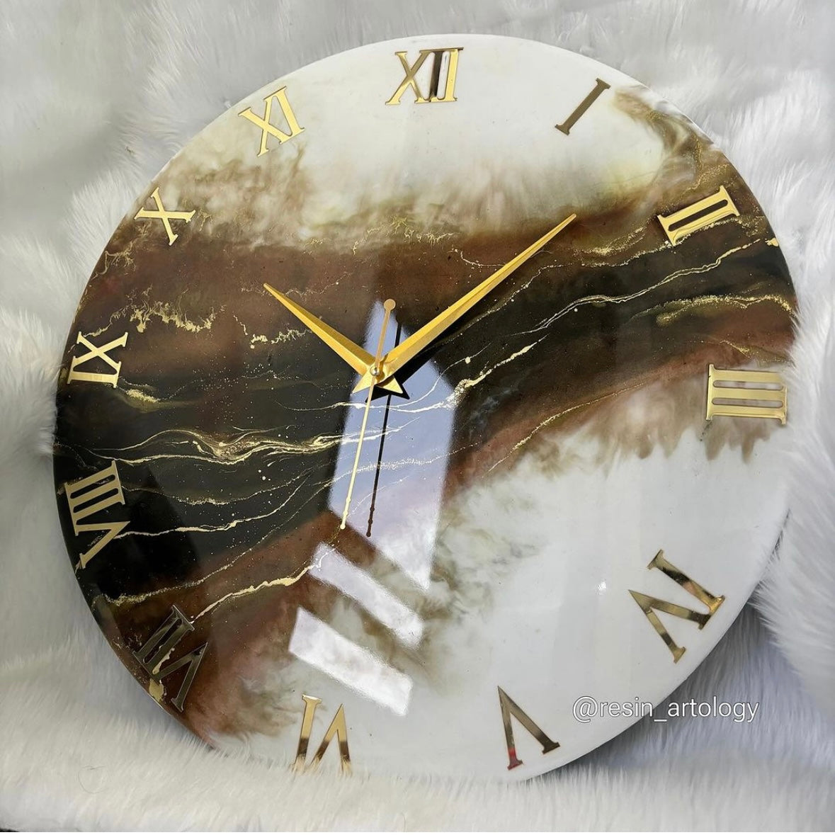 Epoxy Resin Wall Clock | Unique home decor | Housewarming gift - Brown White and Golden Clock