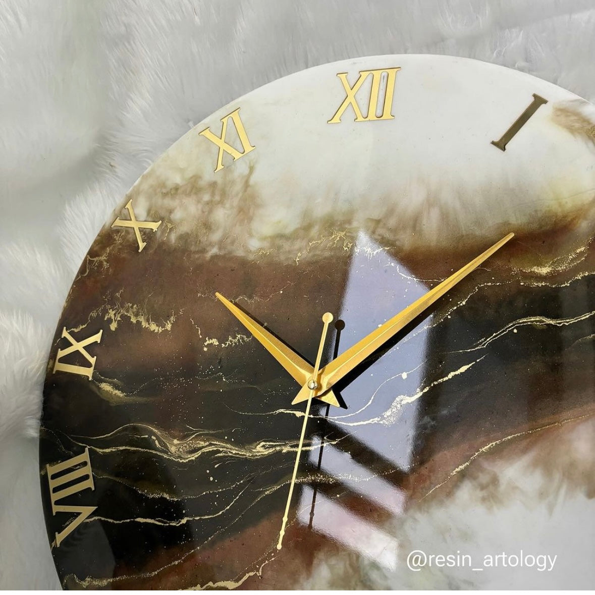 Epoxy Resin Wall Clock | Unique home decor | Housewarming gift - Brown White and Golden Clock