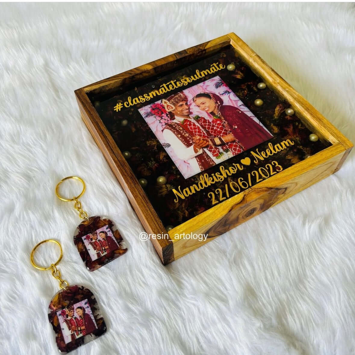 Resin Flower preservation Frame -Resin Varmala Preservatio - Personalized Gift - Customized with Your Photos and Text With teak Wood Frame - Size 8/8 Inches