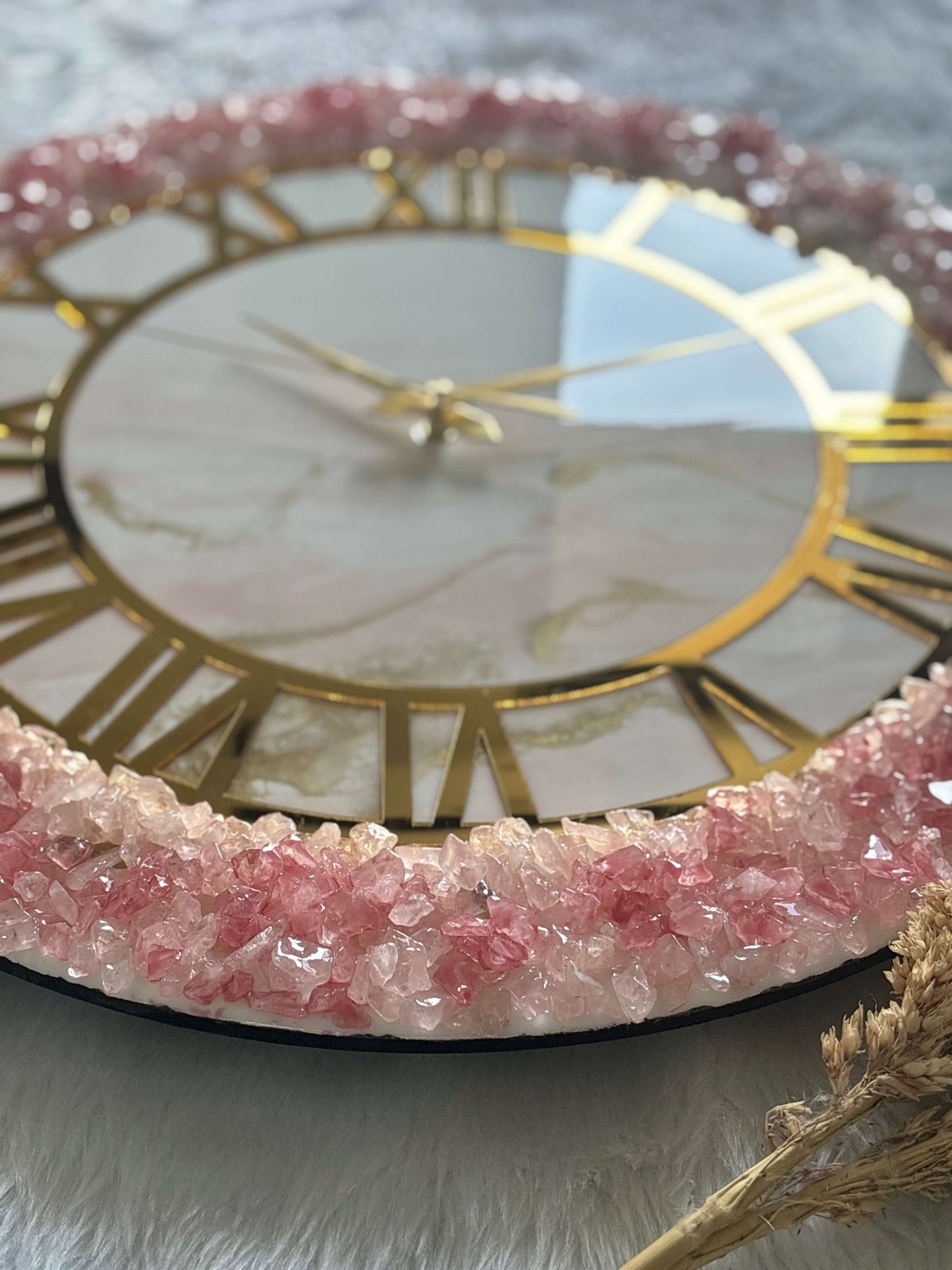 Epoxy Resin Wall Clock | Unique home decor | Housewarming gift - White Pink and Golden Geode Clock