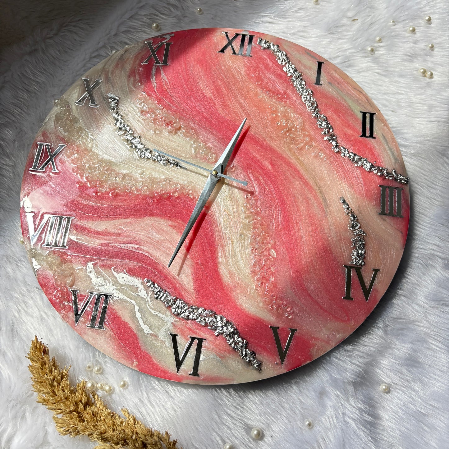 Epoxy Resin Wall Clock | Unique home decor | Housewarming gift -Rose Pink And WhiteClock