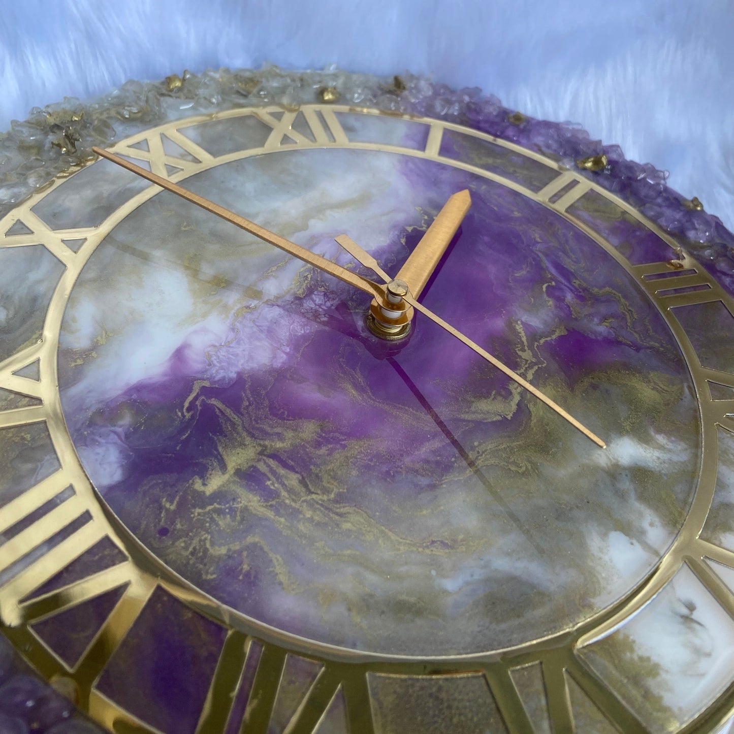 Epoxy Resin Wall Clock | Unique home decor | Housewarming Gift | Purple and Golden Geode Clock
