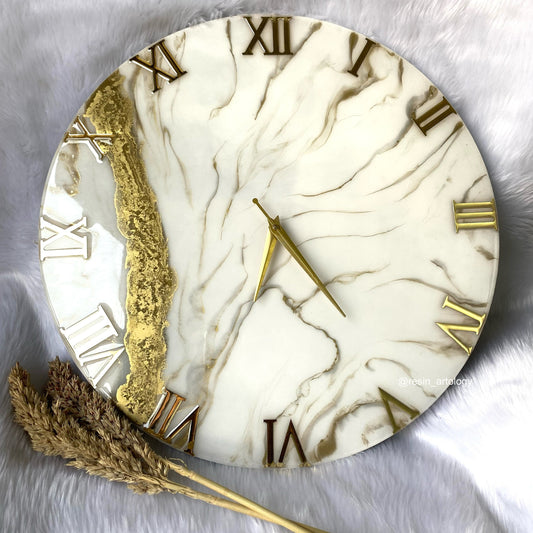 Epoxy Resin Wall Clock | Unique home decor | Housewarming gift - Ivory and Golden Clock