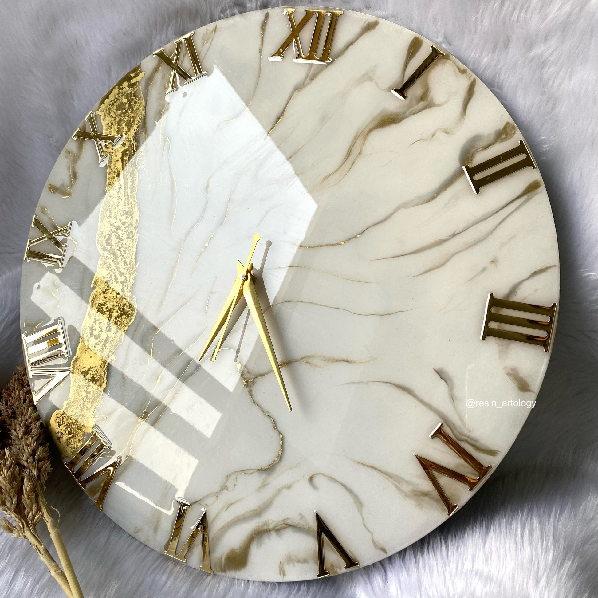Epoxy Resin Wall Clock | Unique home decor | Housewarming gift - Ivory and Golden Clock