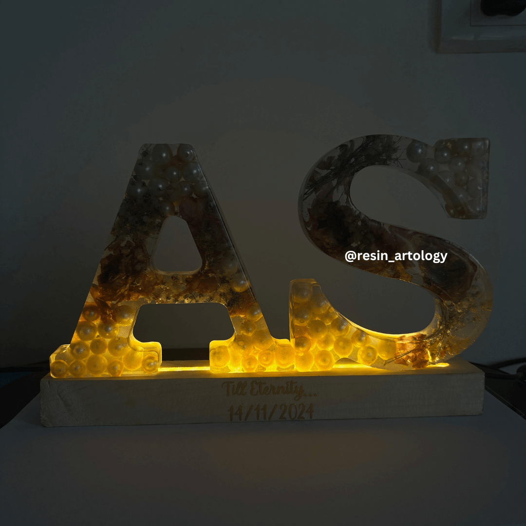 Customised Resin Name Desk Lamp - Resin Varmala Preservation - Personalized Gift - Customized with Your Photos and Text - Alphabet Size - 5.5'' - Led Size - 10'')