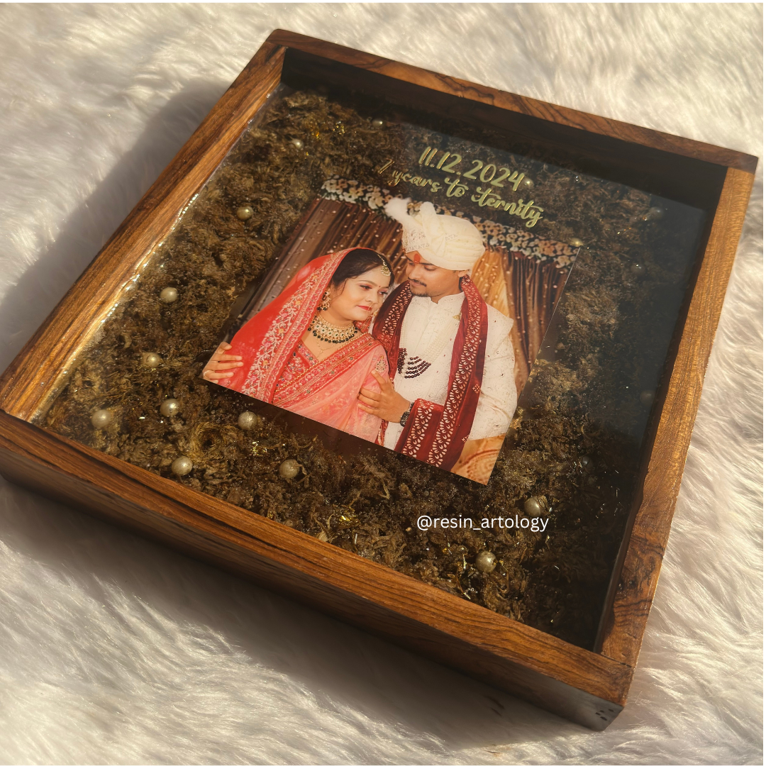 Resin Flower preservation Frame -Resin Varmala Preservatio - Personalized Gift - Customized with Your Photos and Text With teak Wood Frame - Size 10/10 Inches