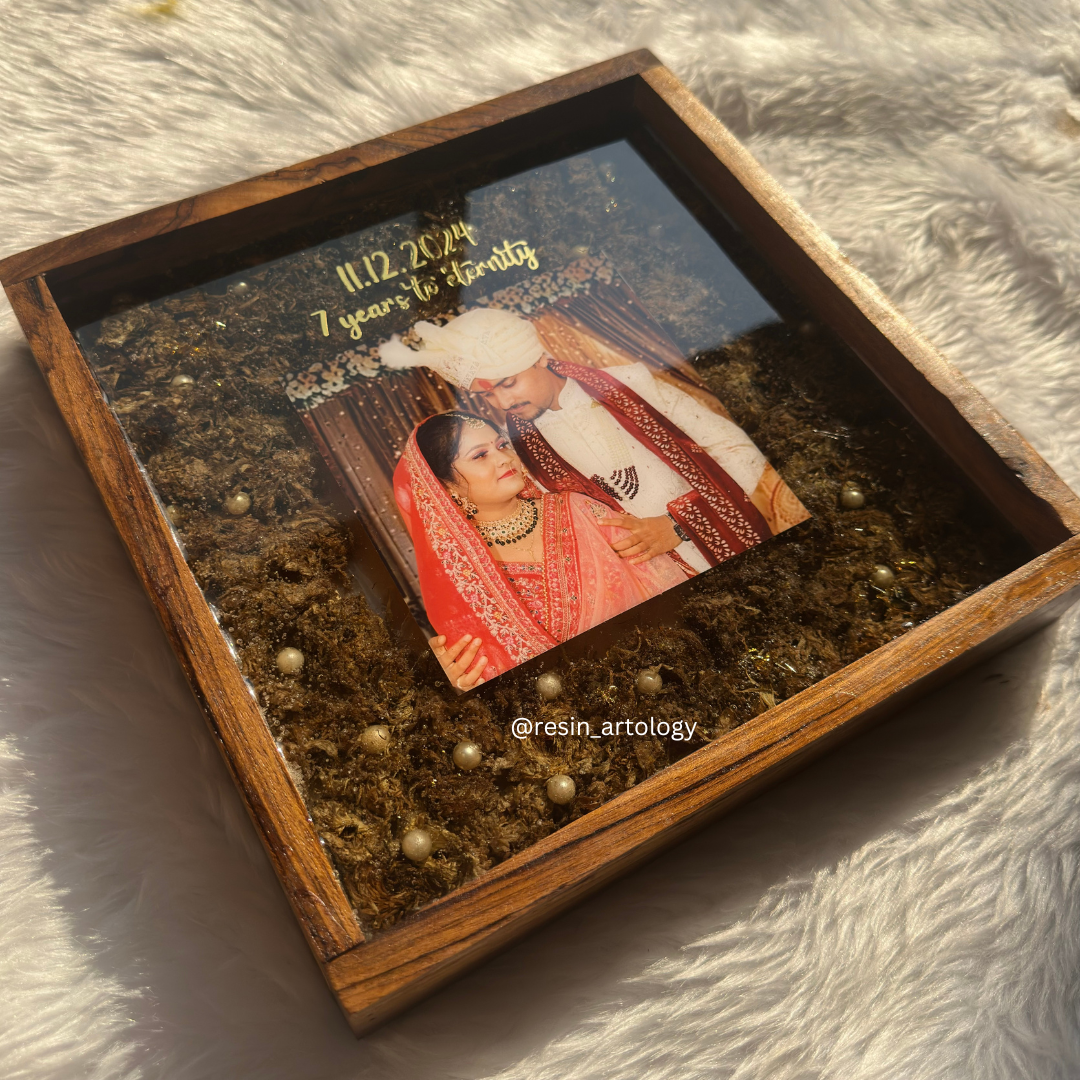 Resin Flower preservation Frame -Resin Varmala Preservatio - Personalized Gift - Customized with Your Photos and Text With teak Wood Frame - Size 10/10 Inches