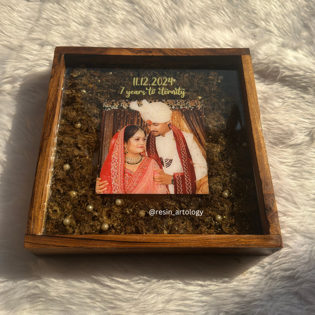 Resin Flower preservation Frame -Resin Varmala Preservatio - Personalized Gift - Customized with Your Photos and Text With teak Wood Frame - Size 10/10 Inches