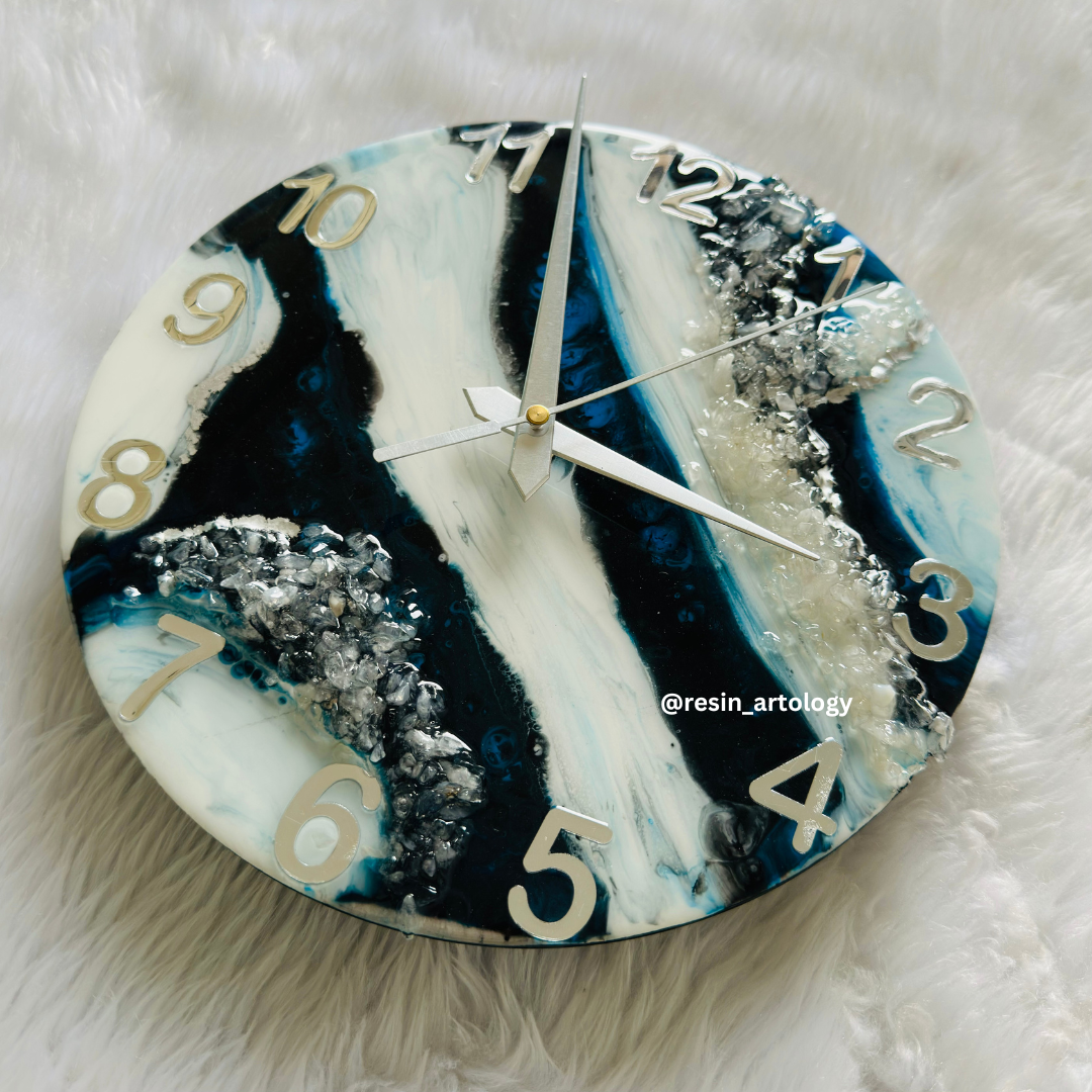 Epoxy Resin Wall Clock | Unique home decor | Housewarming gift - Black Blue and White Clock