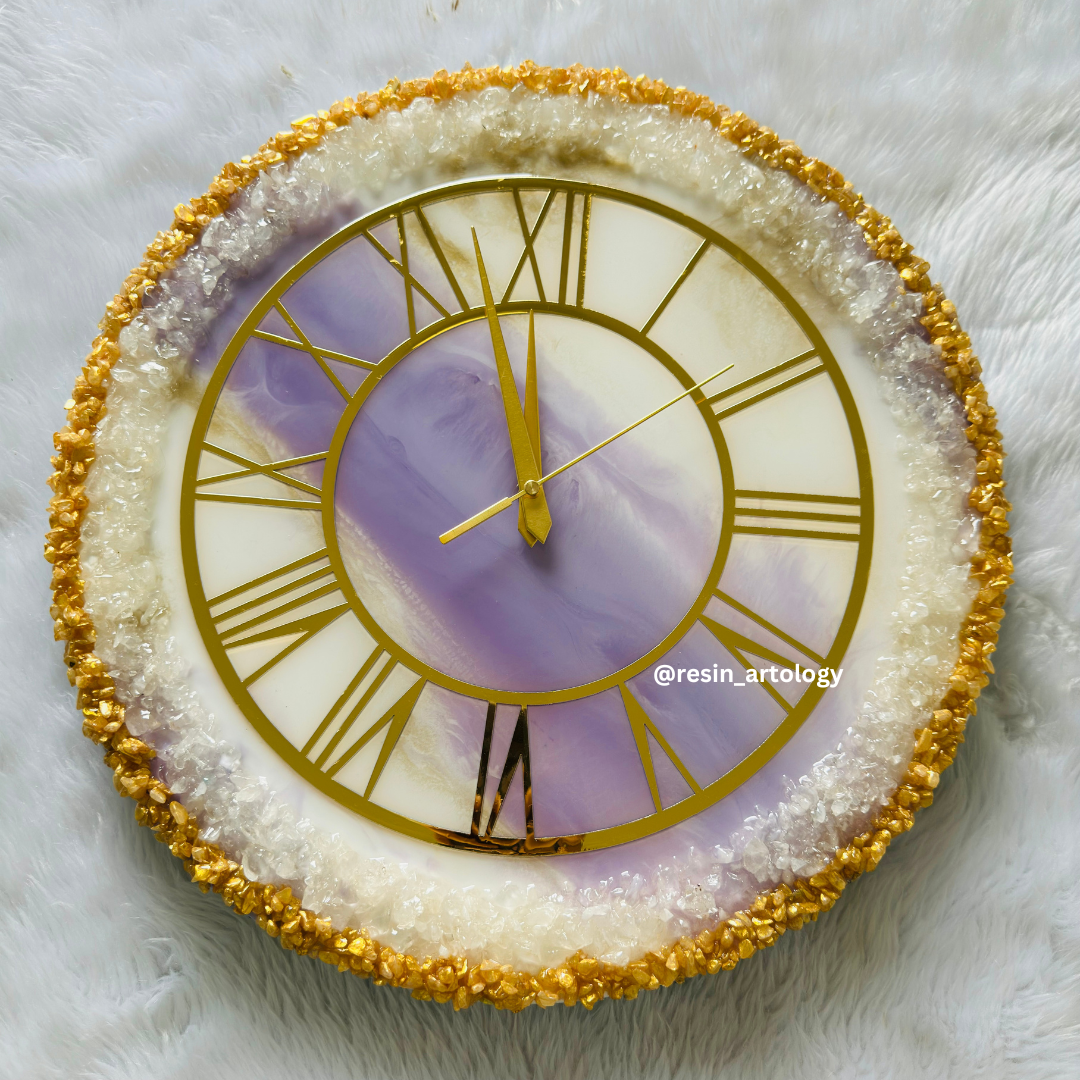 Epoxy Resin Wall Clock | Unique home decor | Housewarming Gift | Purple White and Golden Geode Clock
