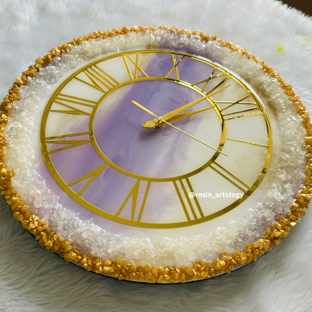 Epoxy Resin Wall Clock | Unique home decor | Housewarming Gift | Purple White and Golden Geode Clock