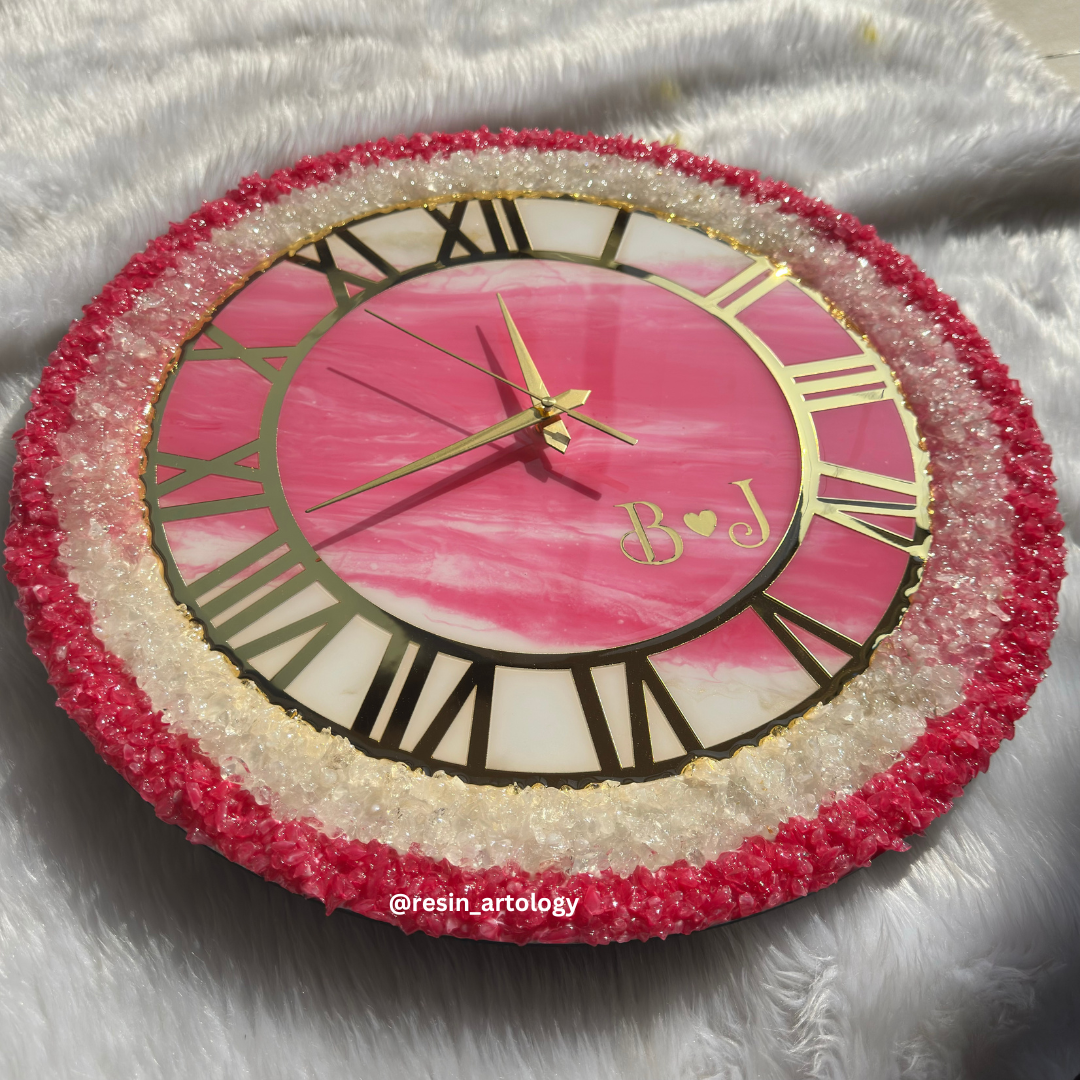 Epoxy Resin Wall Clock | Unique home decor | Housewarming gift - White Pink and Golden Geode Clock