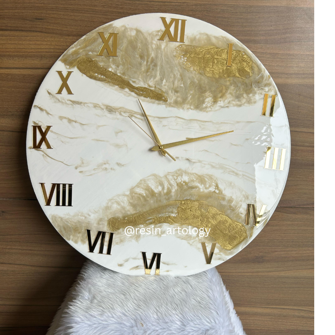 Epoxy Resin Wall Clock | Unique home decor | Housewarming gift - Golden and White Clock