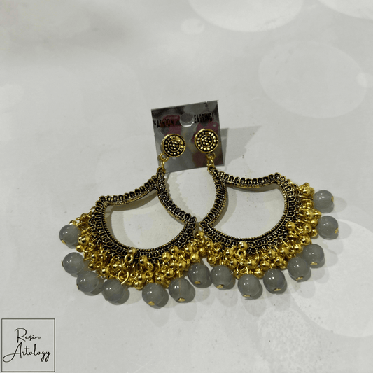 JHUMKA'S GREY RA-1 Earrings featuring gold detailing and grey accents, perfect for festive occasions.