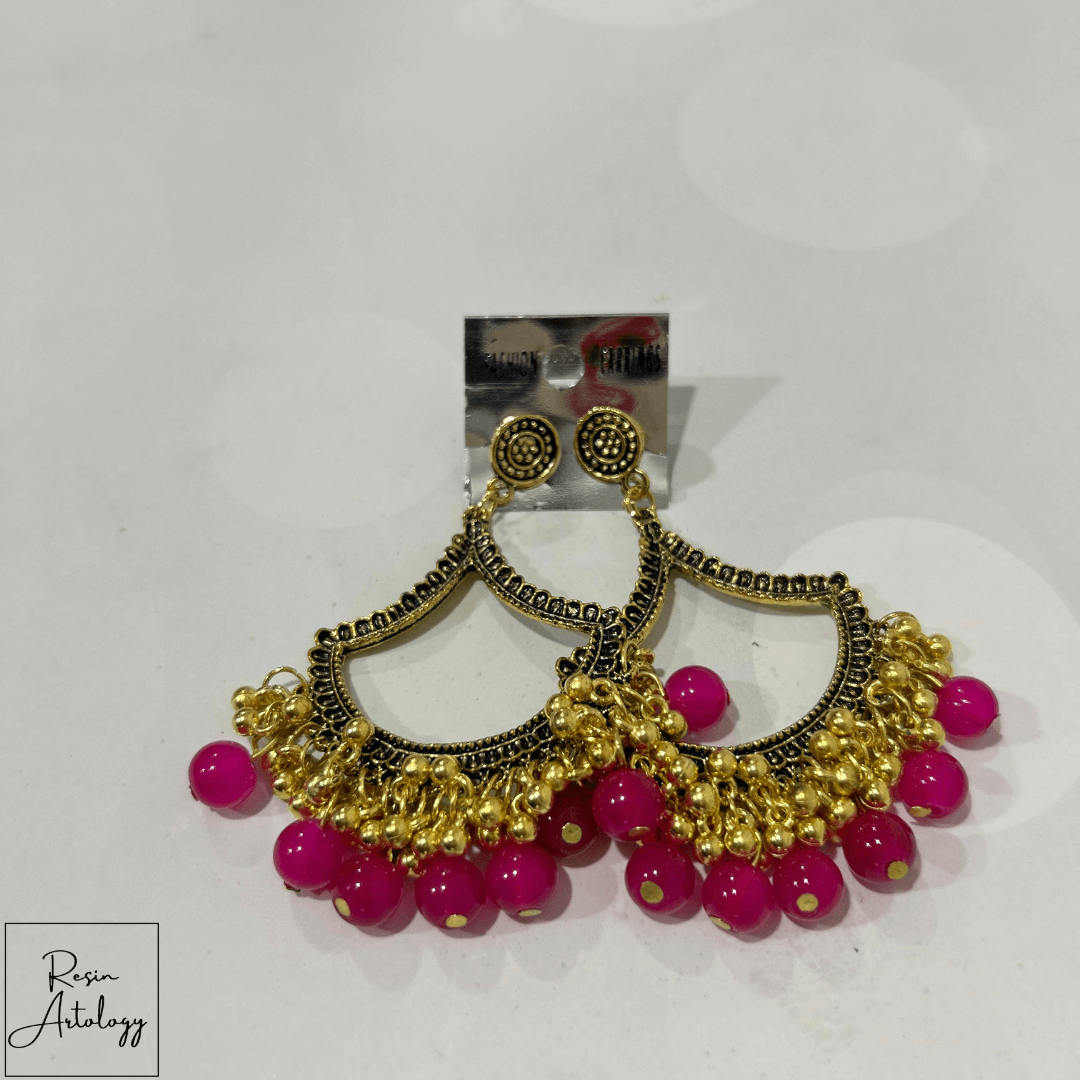 JHUMKA'S MAGENTA PINK RA-1 EARRING, vibrant earrings with gold accents and pink beads, perfect for festive occasions.