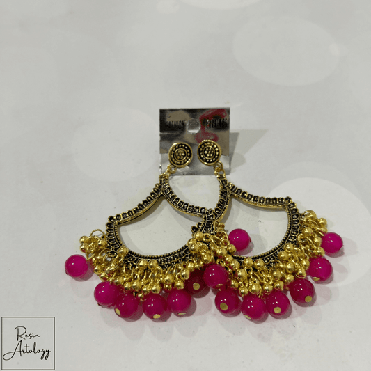 JHUMKA'S MAGENTA PINK RA-1 EARRING, vibrant earrings with gold accents and pink beads, perfect for festive occasions.