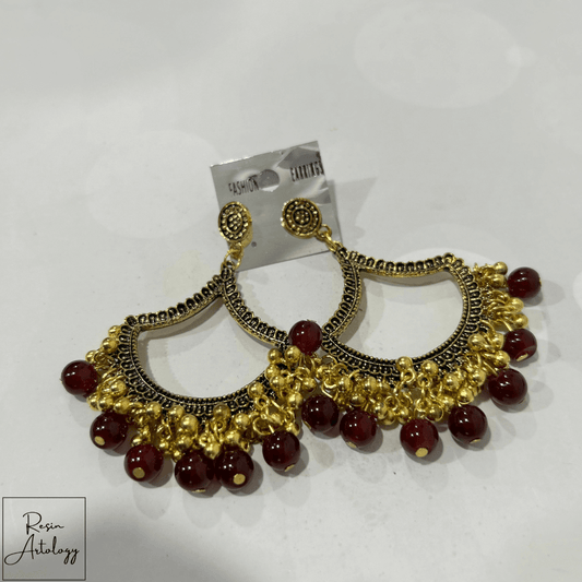 JHUMKA'S MARUN RA-1 Earrings with gold and maroon beads, featuring traditional Indian design and elegance.