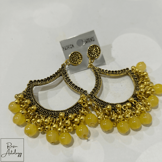 JHUMKA'S YELLOW RA-1 EARRINGS featuring a vibrant yellow hue and traditional design, perfect for festive occasions.