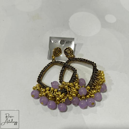 JHUMKA'S LAVENDER RA-2 EARRING featuring lavender beads and gold accents, perfect for festive occasions and everyday wear.