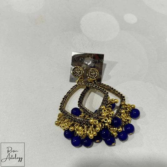 JHUMKA'S ROYAL BLUE RA-2 EARRING featuring gold and royal blue accents, perfect for elegant outfits.