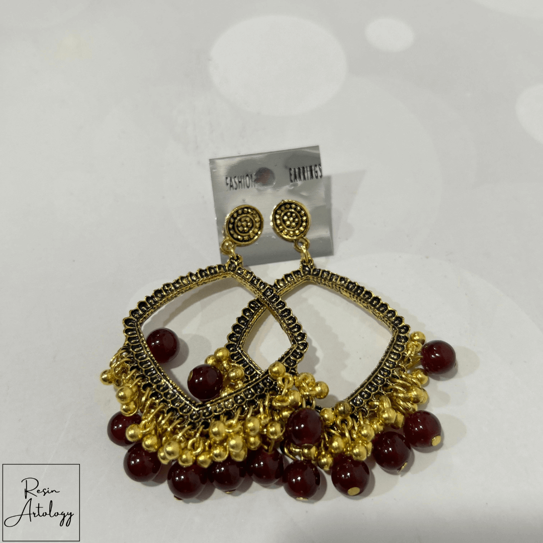 JHUMKA'S MARUN RA-2 Earrings featuring intricate design with maroon beads and gold accents.