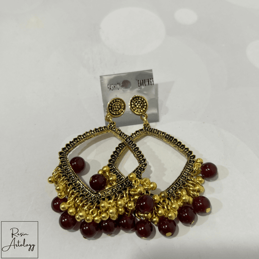 JHUMKA'S MARUN RA-2 Earrings featuring intricate design with maroon beads and gold accents.