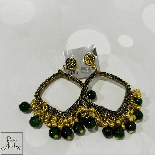 JHUMKA'S DARK GREEN RA-2 EARRING featuring intricate gold detailing and dark green beads, perfect for festive occasions.