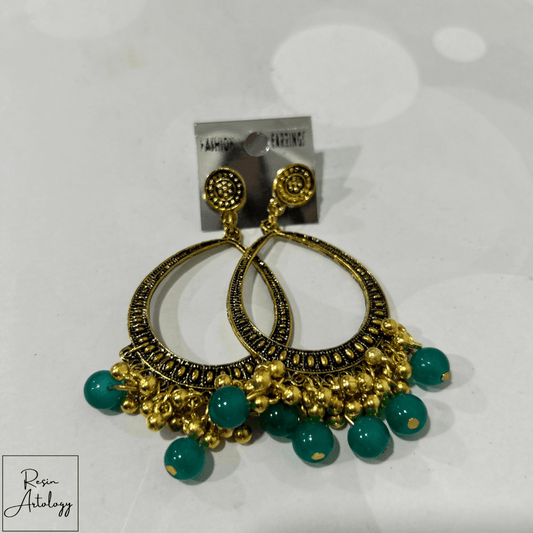 JHUMKA'S EMERALD GREEN RA-3 earrings featuring gold and emerald green beads, perfect for stylish accessories.