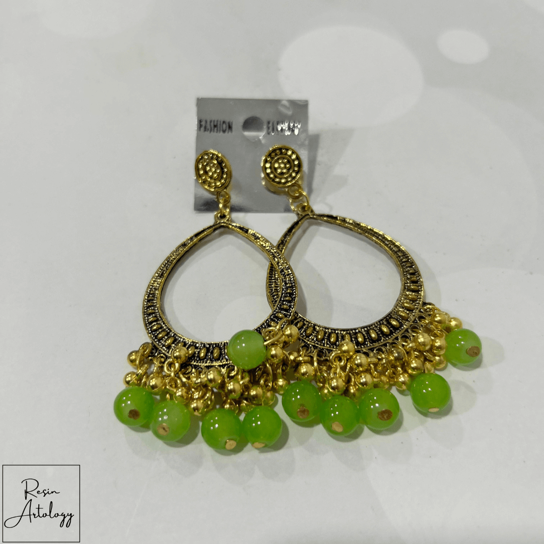 JHUMKA'S GREEN RA-3 earrings with metal base and green beads, perfect for DIY jewelry making.