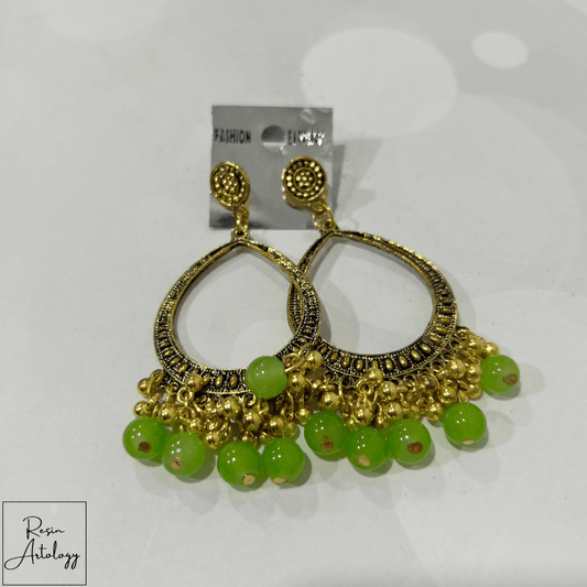 JHUMKA'S GREEN RA-3 earrings with metal base and green beads, perfect for DIY jewelry making.