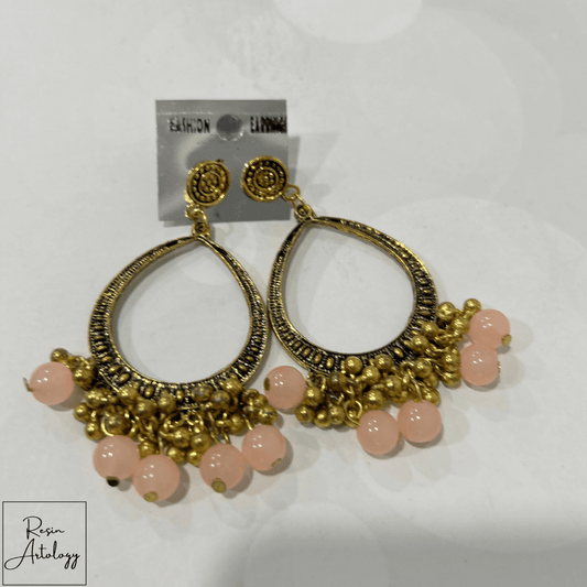 JHUMKA'S PINK RA-3 earrings featuring gold base and pink resin beads for stylish DIY jewelry making.