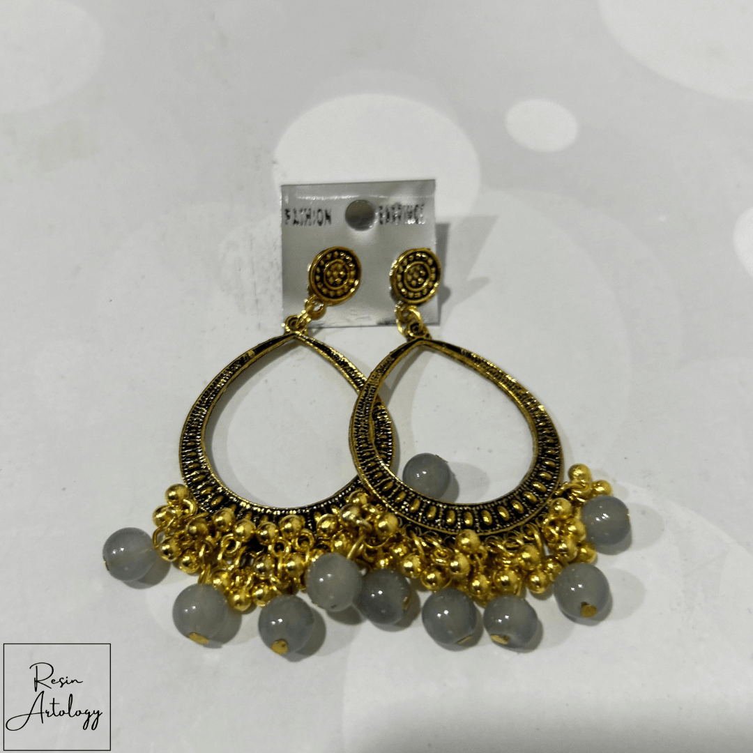 JHUMKA'S GREY RA-3 earrings featuring gold detailing and grey beads, perfect for DIY jewelry making projects.