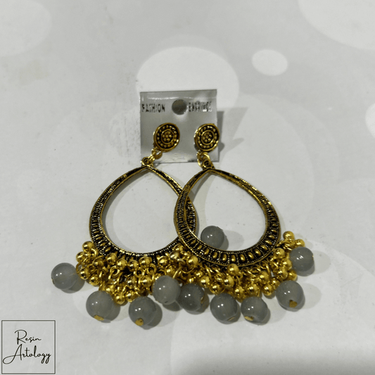 JHUMKA'S GREY RA-3 earrings featuring gold detailing and grey beads, perfect for DIY jewelry making projects.