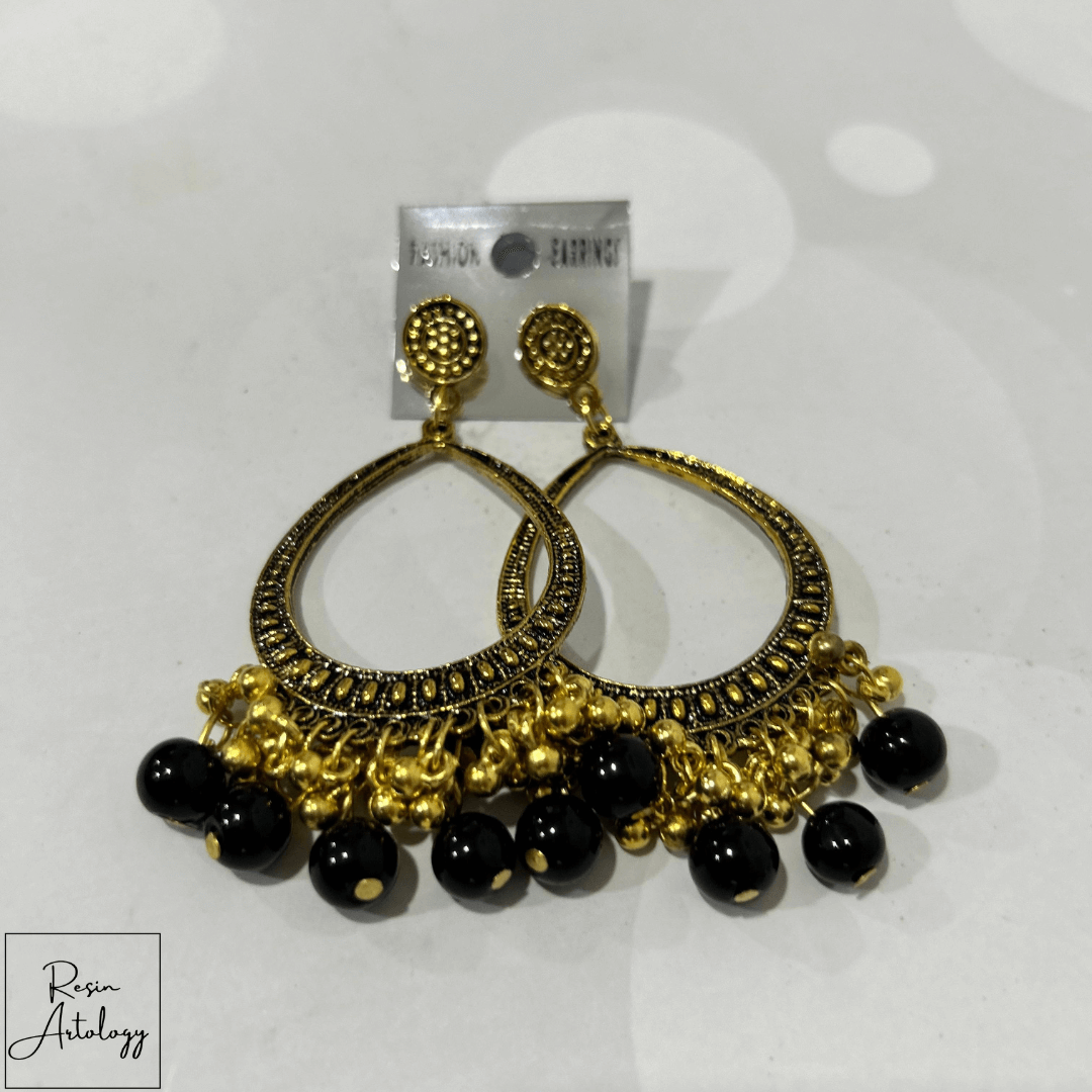 JHUMKA'S BLACK RA-3 earrings featuring a gold design with black beads, perfect for DIY jewelry making and resin art.