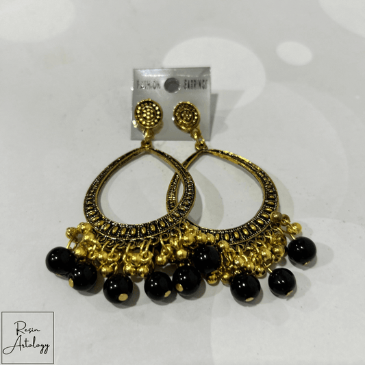 JHUMKA'S BLACK RA-3 earrings featuring a gold design with black beads, perfect for DIY jewelry making and resin art.