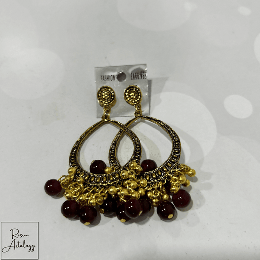 JHUMKA'S MARUN RA-3 earrings featuring gold accents and maroon beads for DIY jewelry making.