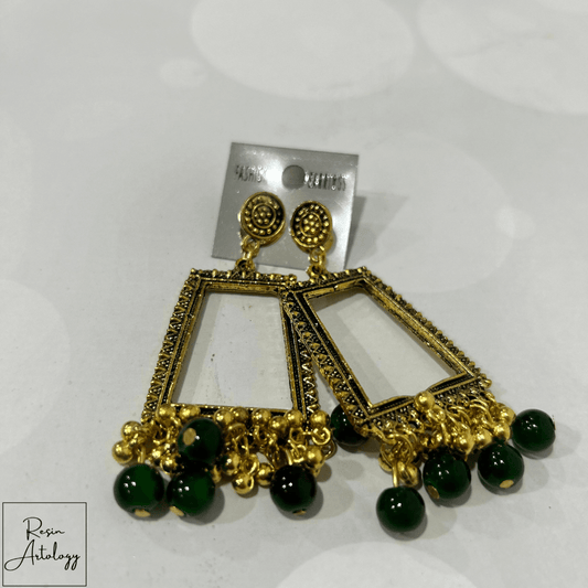 JHUMKA'S DARK GREEN RA - 4 earring with gold detailing and dark green beads.