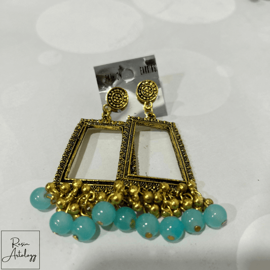 JHUMKA'S AQUA BLUE RA-4 earrings with gold frame and aqua blue beads