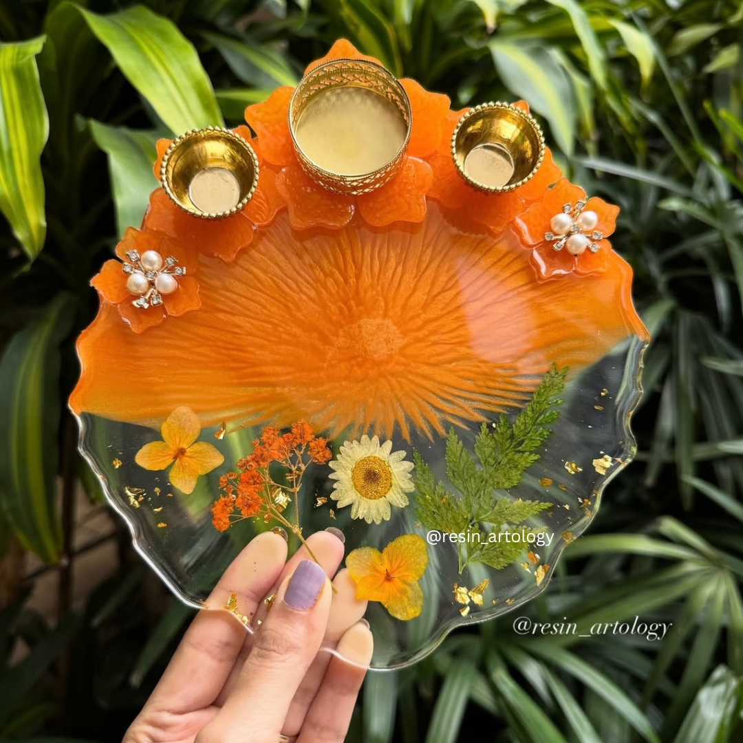 EPOXY Resin POOJA Thali/Aarti thali/Pooja thali/Diwali Resin thali - ORANGE