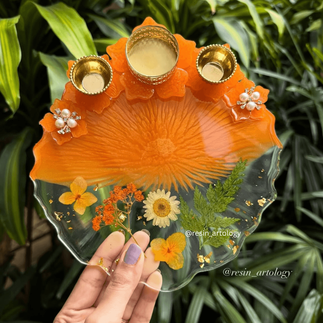 EPOXY Resin POOJA Thali/Aarti thali/Pooja thali/Diwali Resin thali - ORANGE
