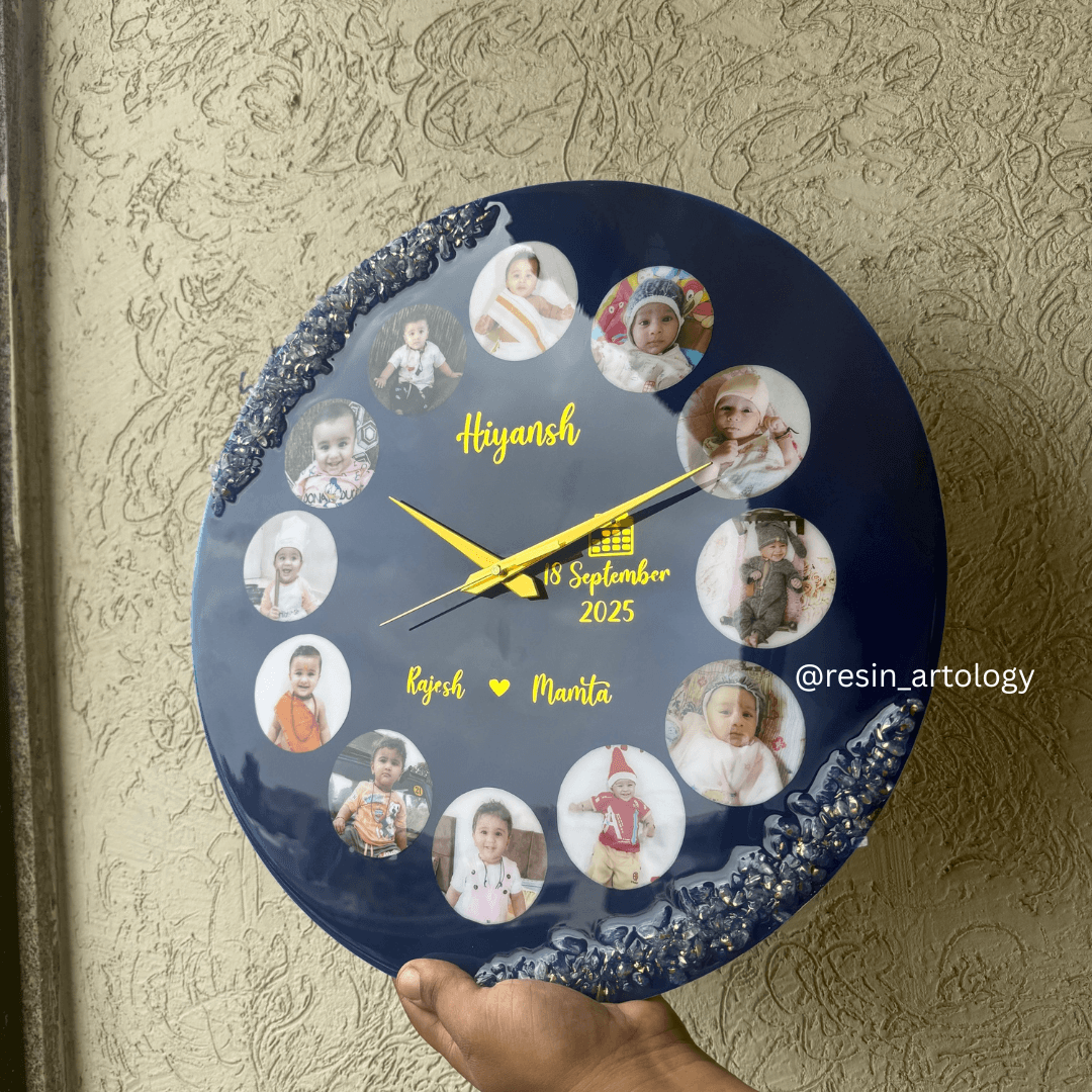 Resin Customized Clock - Personalized Gift - Customized with Your Photos and Text ( Blue )