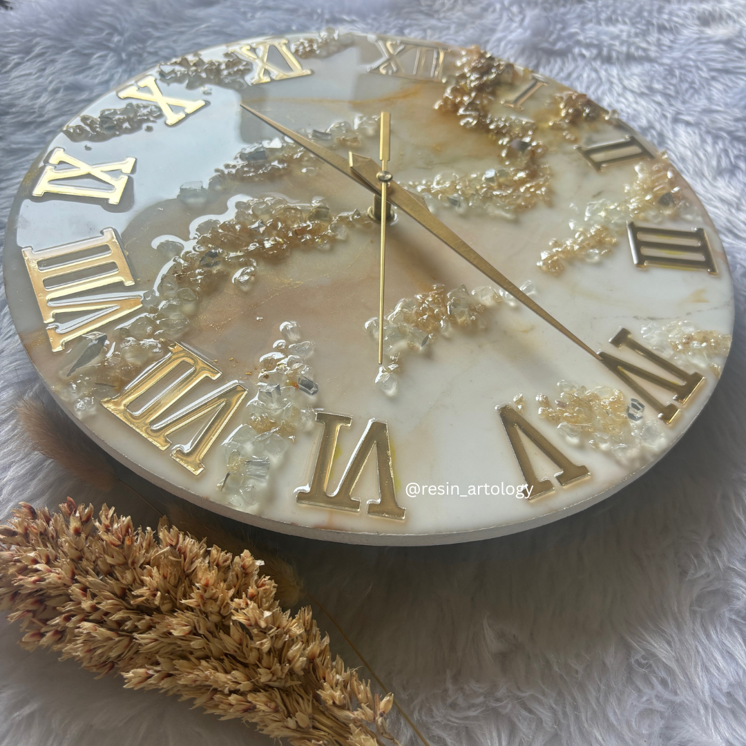 Epoxy Resin Wall Clock | Unique home decor | Housewarming gift - Golden and White Clock