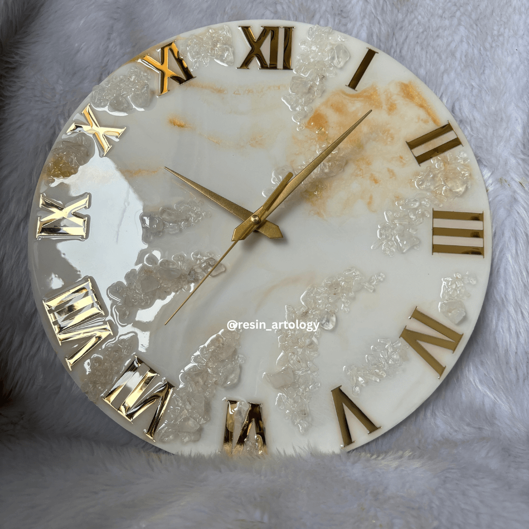 Epoxy Resin Wall Clock | Unique home decor | Housewarming gift - Golden and White Clock