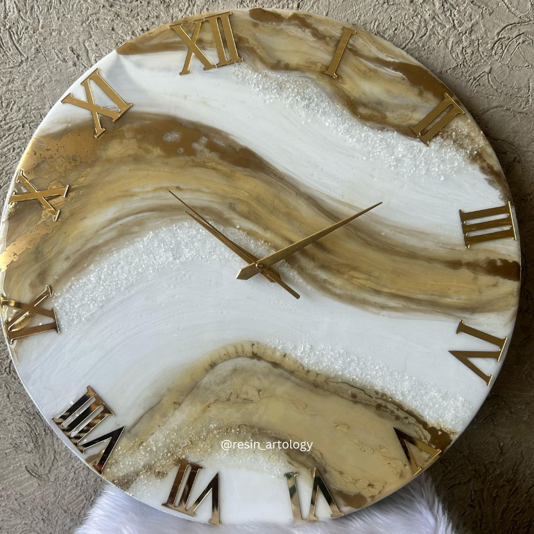 Epoxy Resin Wall Clock | Unique home decor | Housewarming gift - Golden and White Clock