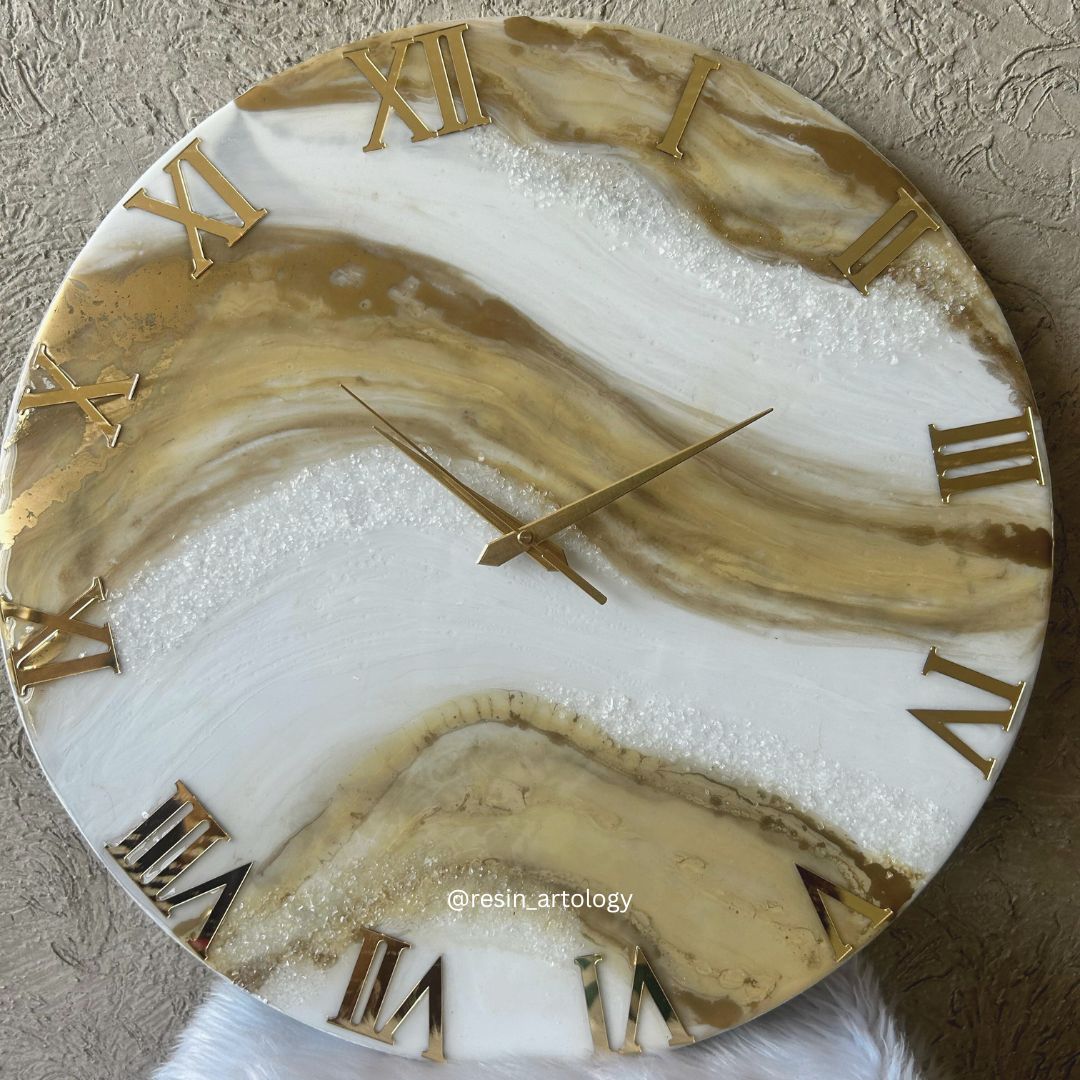 Epoxy Resin Wall Clock | Unique home decor | Housewarming gift - Golden and White Clock