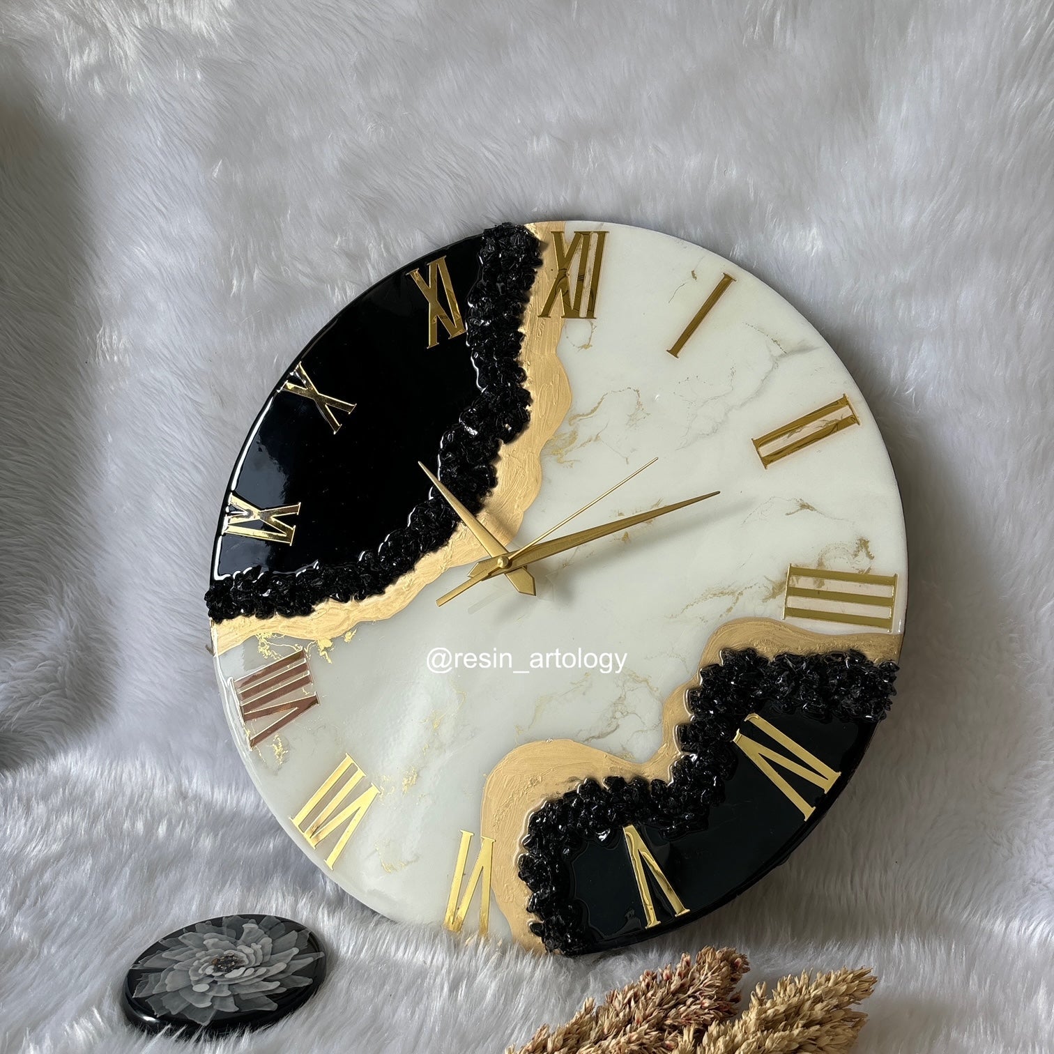 Epoxy Resin Wall Clock | Unique home decor | Housewarming gift - Black White and Golden Clock